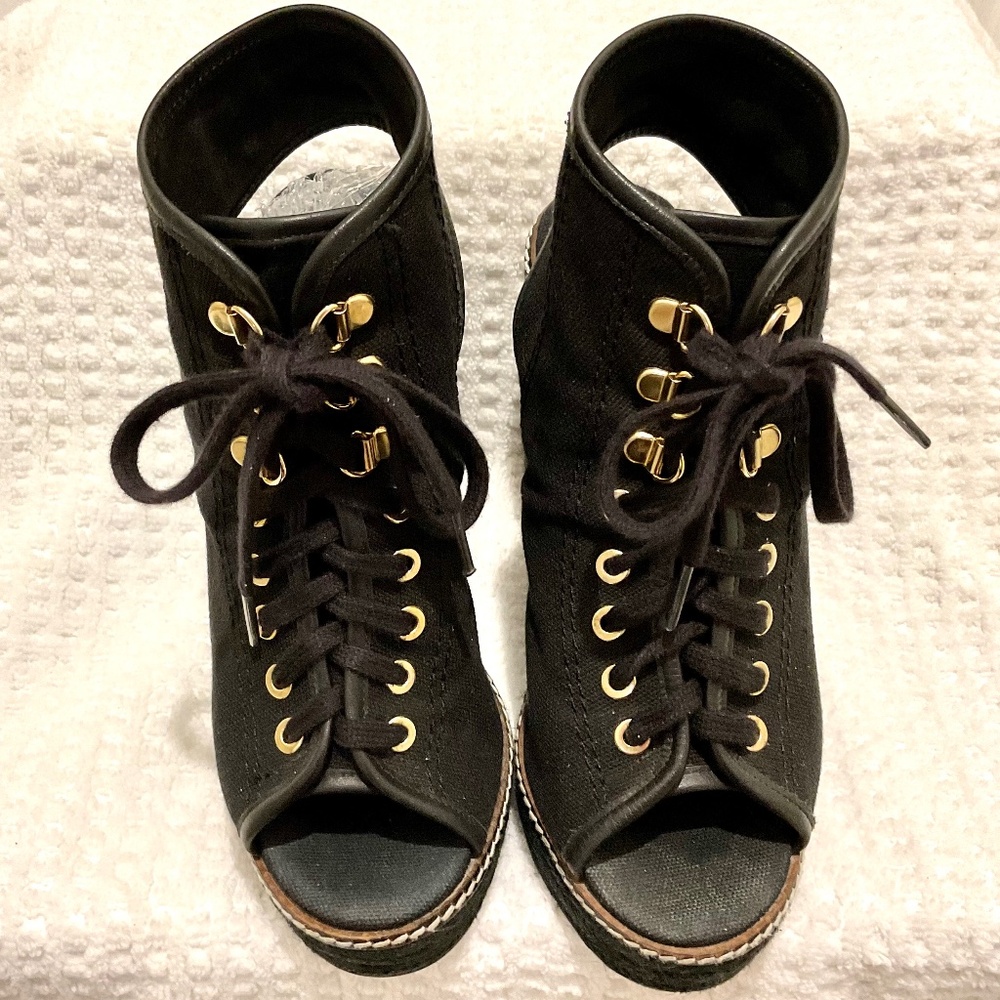 TORY BURCH Black and gold Canvas Espadrille Wedge Heel Platform Lace Up Size 7B - Picture 2 of 16